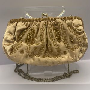 🎁 2 FOR $60 Antique Vintage La Regal Satin Gold Beaded Mini Clutch Handbag